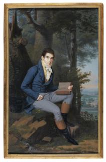 Jean Antoine Laurent - Portrait Of A Gentleman, Seated In A Woodland Landscape, Holding A Sketchbook In His Left Hand, Circa 1805