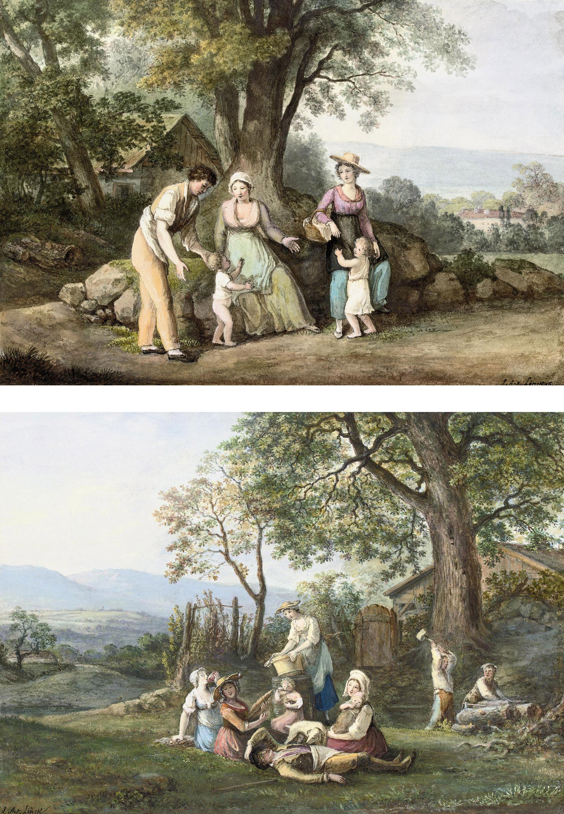 Jean-Antoine Linck - Peasants beside a woodman\'s cottage; and A rustic family