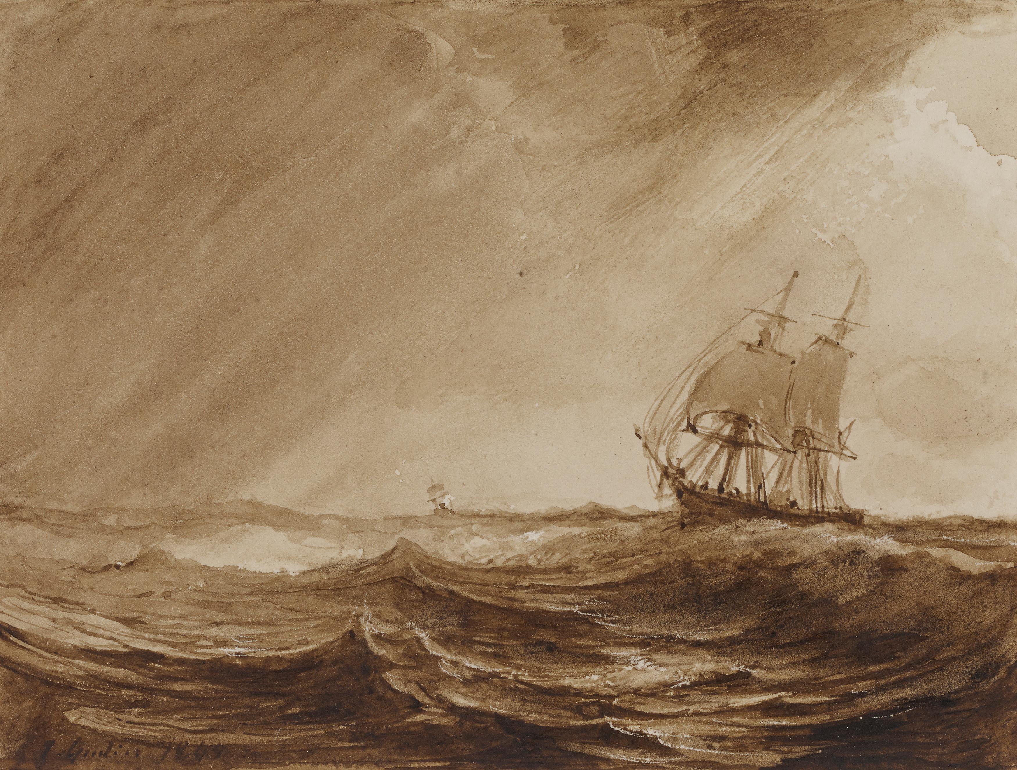 Jean Antoine Theodore Gudin - Marine. Bewegte See mit Seglern.