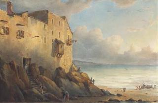 Jean-Antoine-Théodore Gudin - Un paysage de bord de mer avec des maisons à gauche et deux barques en contre-bas