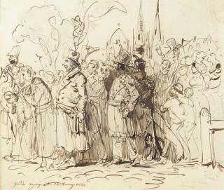 Jean-Antoine-Théodore Gudin - Une Foule Regardant Vers la Gauche Avec Une Église Dans Le Fond, À Cherbourg