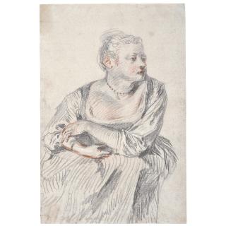 Jean Antoine Watteau - A Seated Woman, Wearing A Pearl Necklace, Her Arms Folded On Her Lap, Looking To The Right  