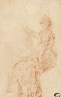 Jean-Antoine Watteau - A young woman in a polonais costume, seated and turned to the left
