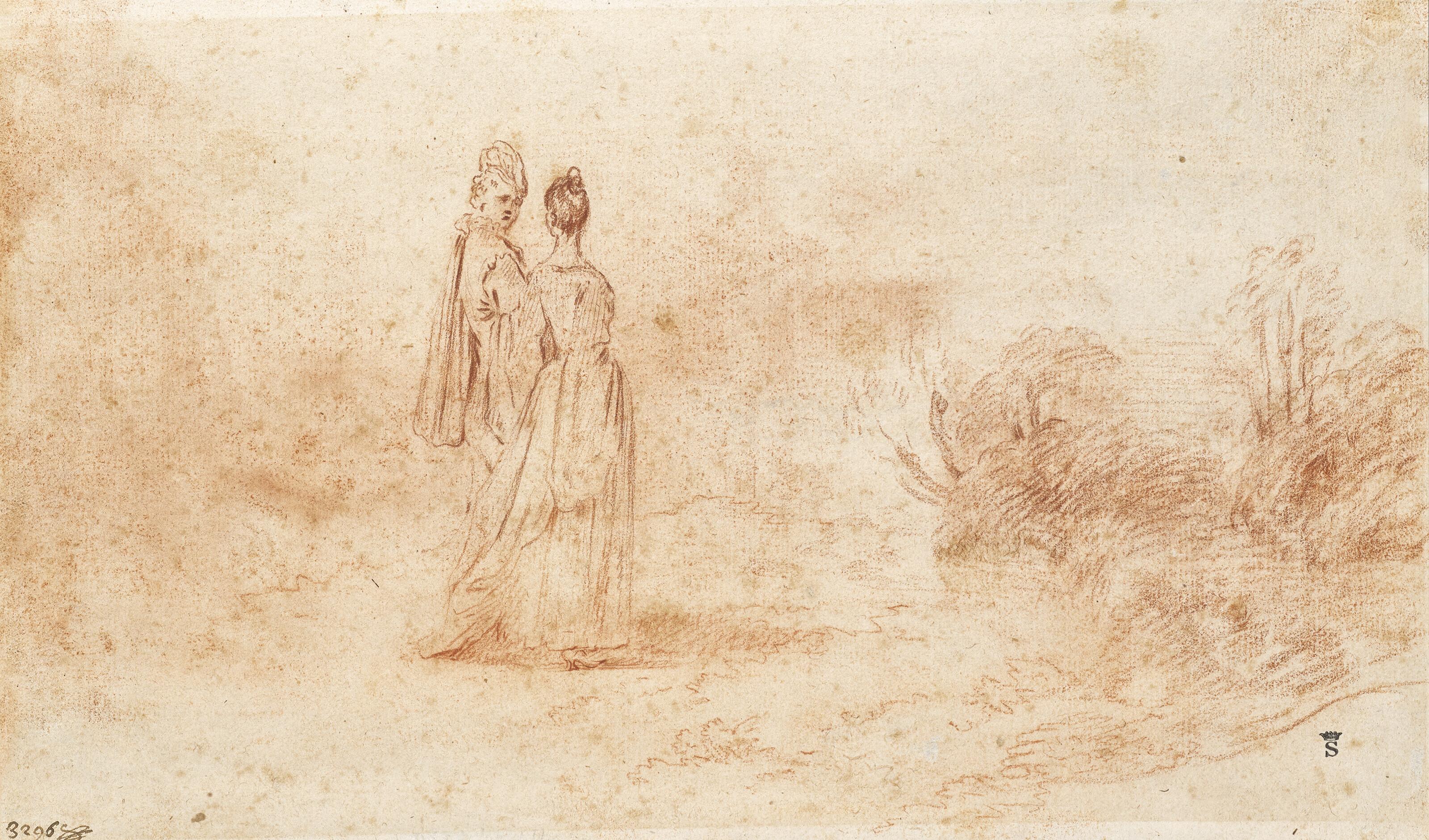 Jean-Antoine Watteau - Couple Se Promenant Dans Un Vaste Paysage (Recto); Étude Architecturale Avec Un Rempart (Verso)