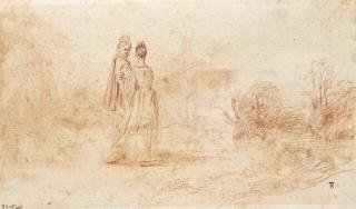 Jean-Antoine Watteau - Couple Se Promenant Dans Un Vaste Paysage (Recto); Étude Architecturale Avec Un Rempart (Verso)