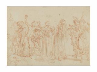 Jean-Antoine Watteau - Eight comedians, one of them riding a donkey, and two dogs