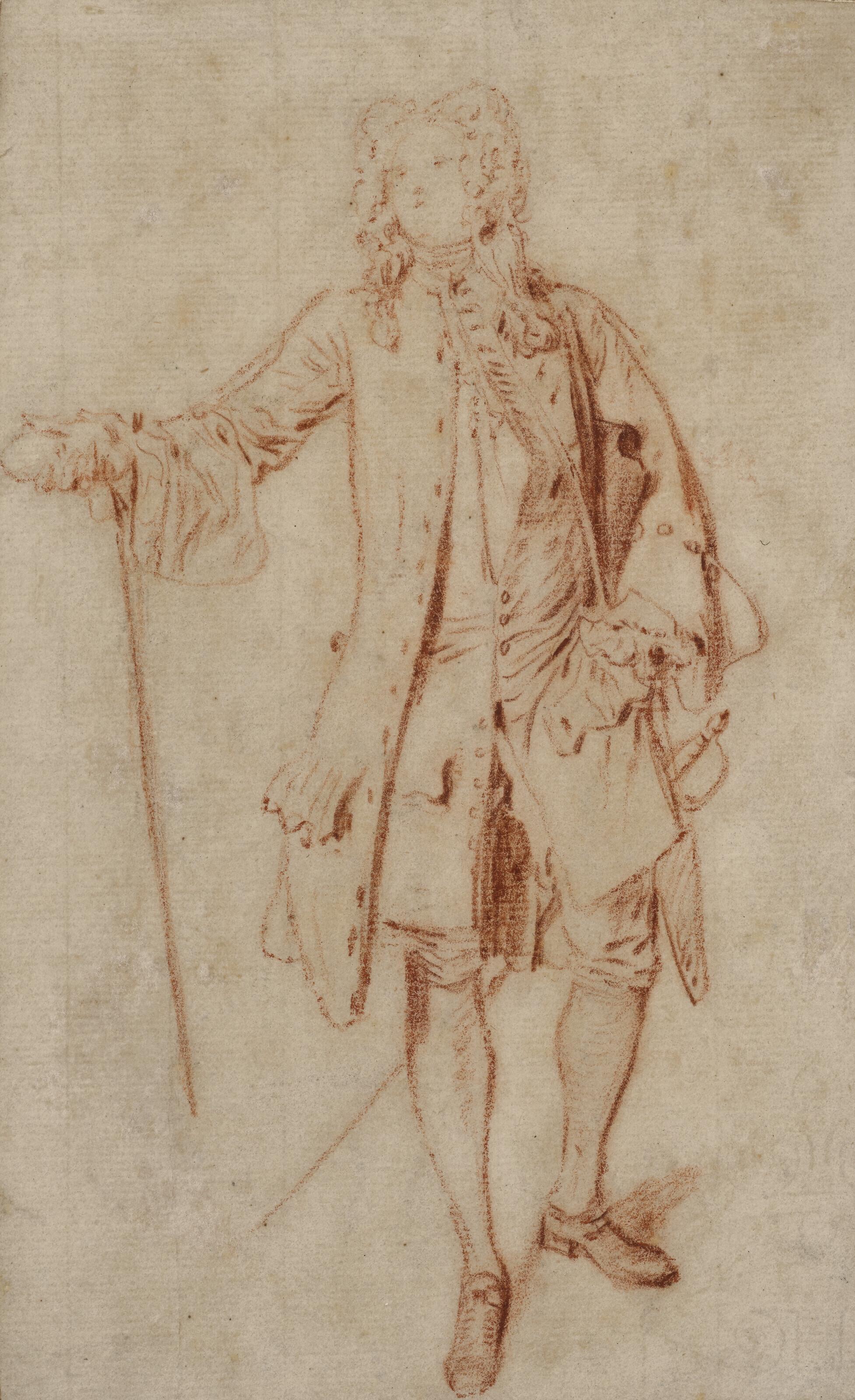 Jean-Antoine Watteau - Gentilhomme Debout Tenant Avec Sa Canne