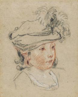Jean-Antoine Watteau - Head of a child in a feathered hat, looking to the right