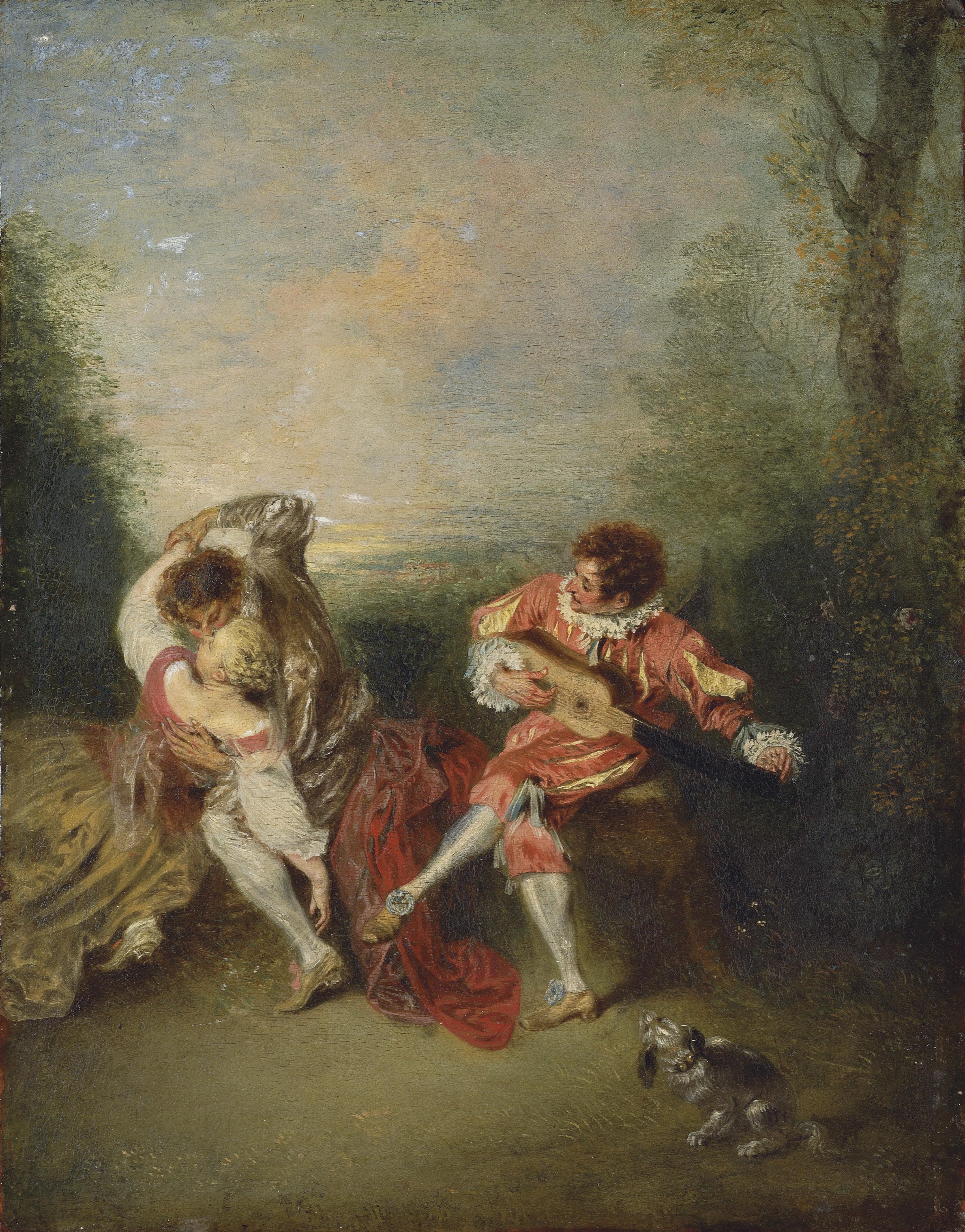 Jean-Antoine Watteau - La Surprise: A couple embracing while a figure dressed as Mezzetin tunes a guitar