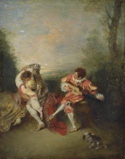 Jean-Antoine Watteau - La Surprise: A couple embracing while a figure dressed as Mezzetin tunes a guitar