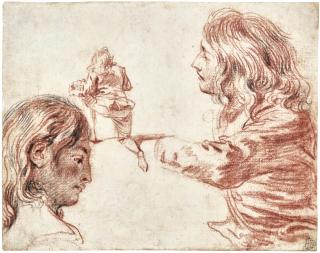 Jean Antoine Watteau - Recto:  Sheet Of Studies: Head Of A Young Man In Profile, Facing Right, A Man Kneeling, Seen From Behind And A Young Man, In Profile, Facing Left Verso:  Study Of Trees