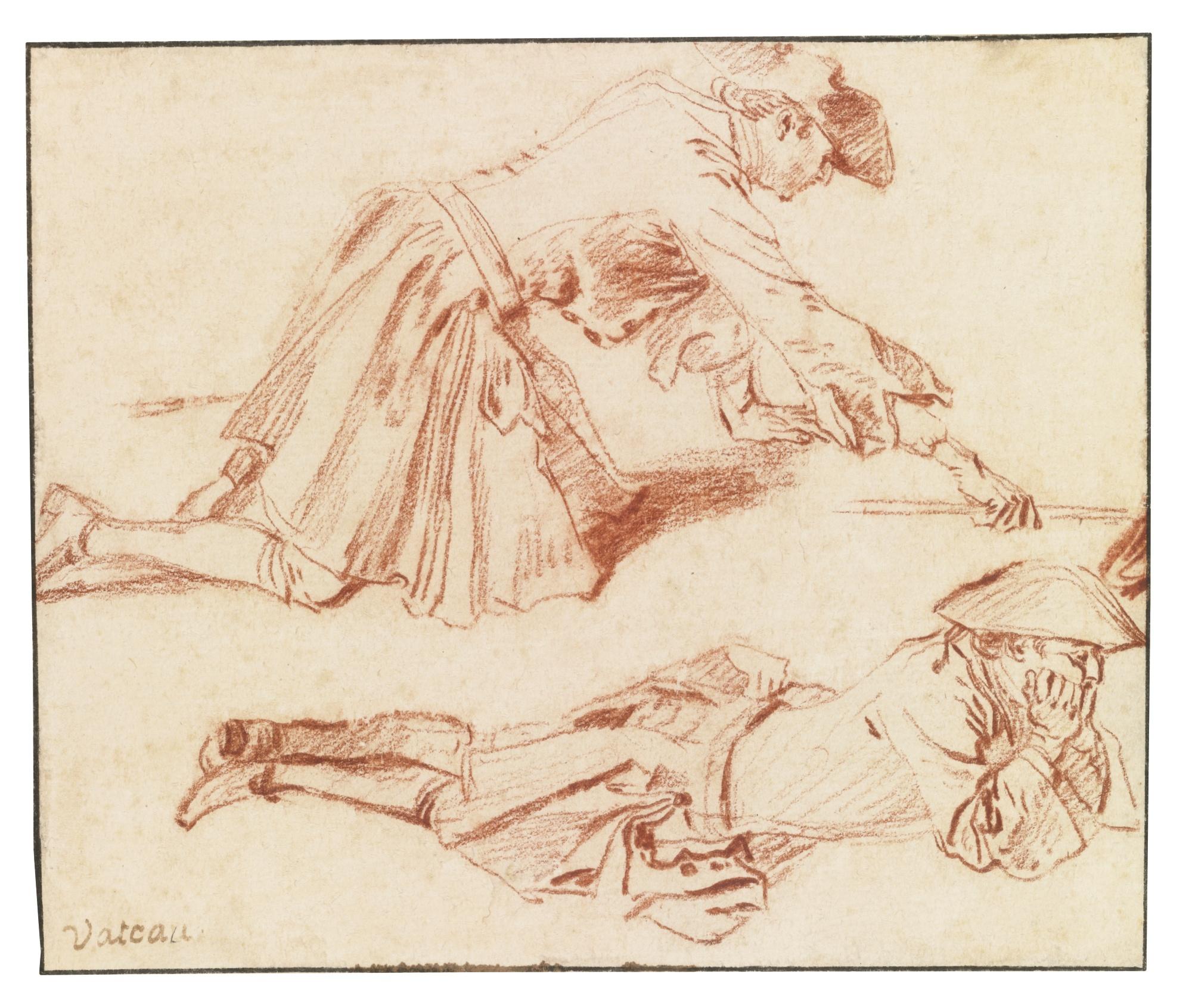 Jean Antoine Watteau - Study Of Two Soldiers, One Kneeling, One Lying Down