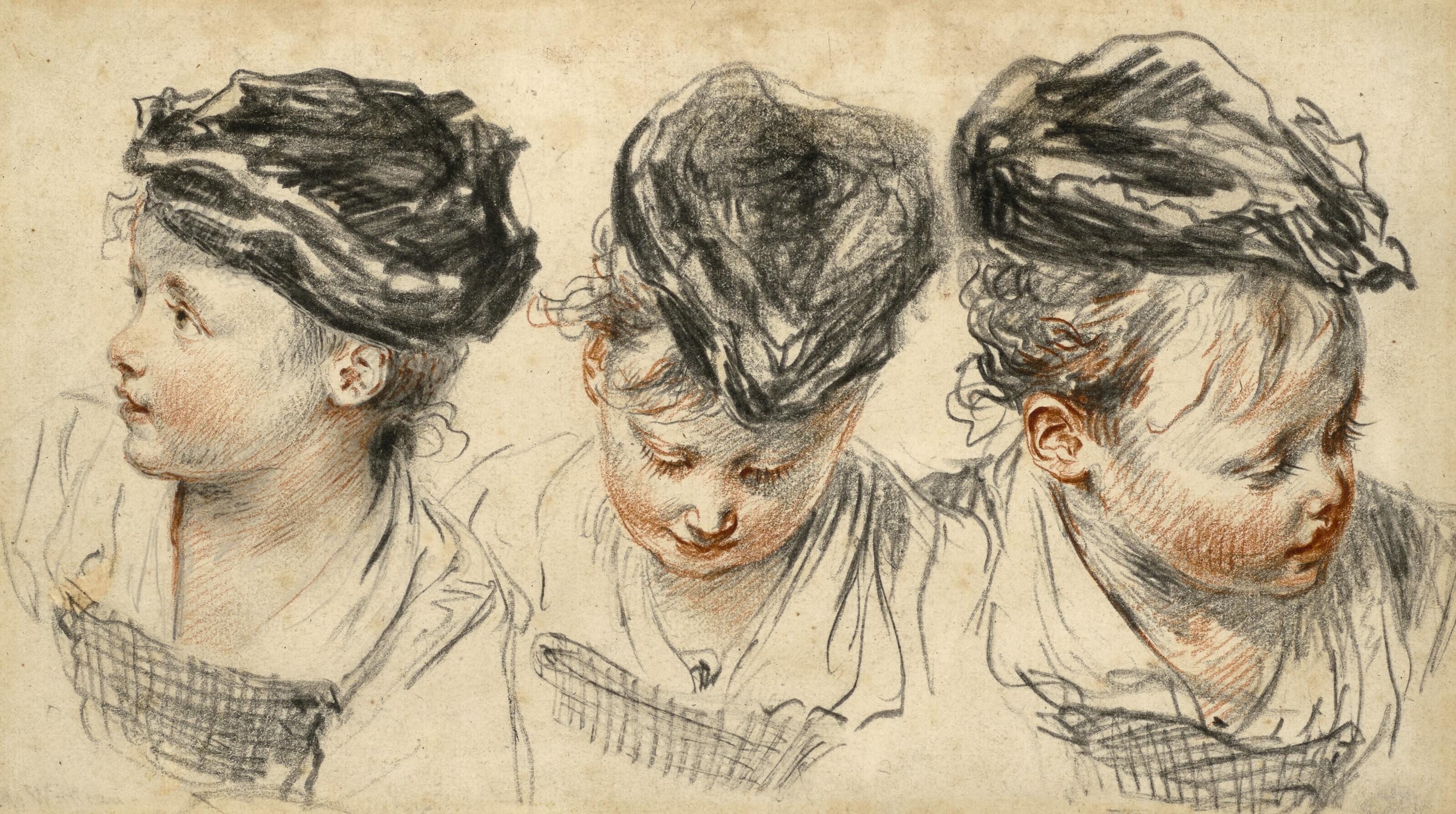 Jean-Antoine Watteau - Three Head Studies Of A Girl Wearing A Hat
