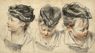 Jean-Antoine Watteau - Three Head Studies Of A Girl Wearing A Hat