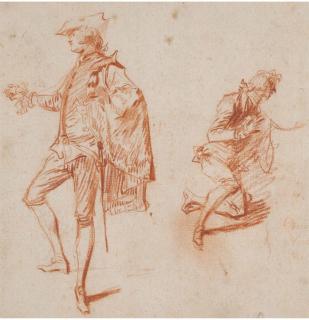 Jean Antoine Watteau - Two Studies Of Elegant Men, One Standing, The Other Kneeling