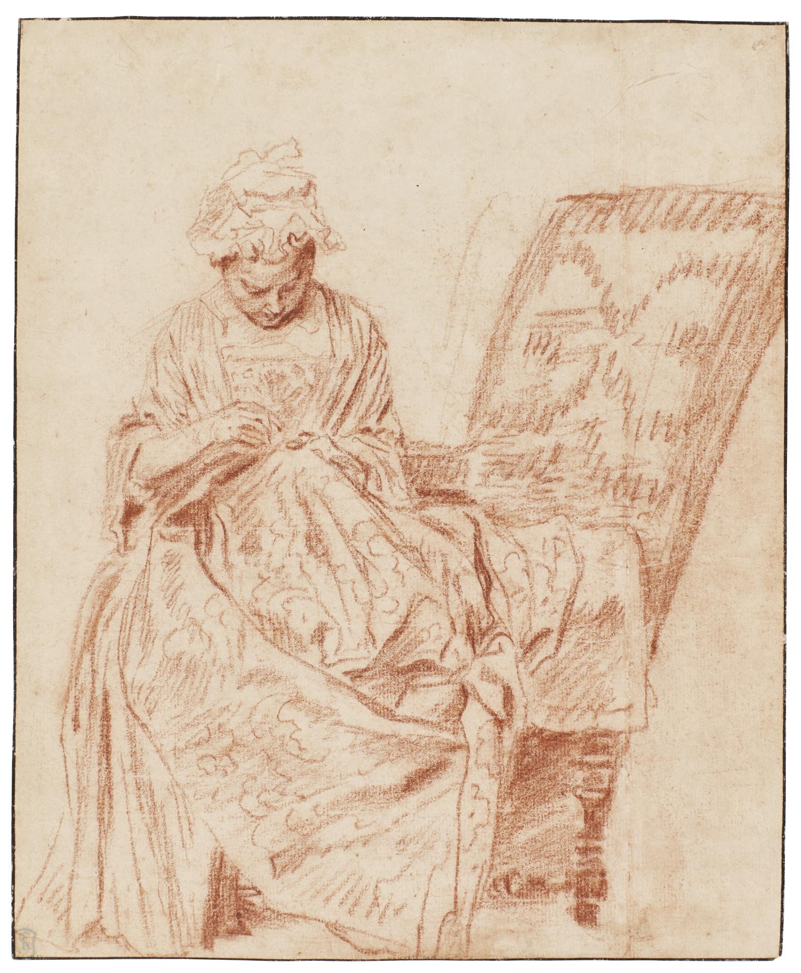 Jean Antoine Watteau - Young Girl Sitting On The Edge Of An Armchair, Embroidering