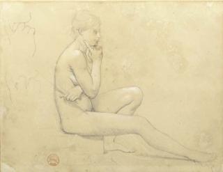 Jean-Auguste-Dominique Ingres - A young nude woman seated in profile to the right, with subsidiary studies of her hand