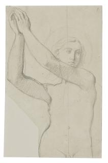 Jean-Auguste-Dominique Ingres - Study of a nude young man with a halo, half-length, his arms raised to the left