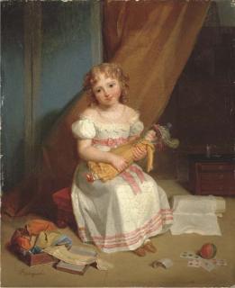 Jean-Augustin Franquelin - Portrait of a young girl, full-length, in a nursery holding a doll with cards, a ball, and ribbons