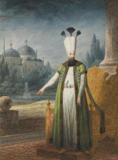 Jean-Baptise Hilair - Portrait of Sultan Abd-ul Hamid I standing in front of a golden throne, a domed palace in the distance