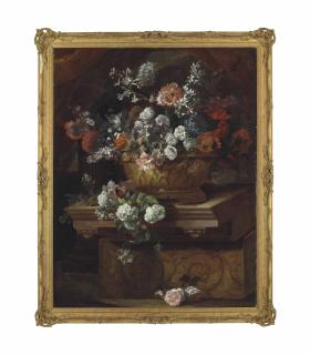 Jean-Baptise Monnoyer - Roses, Carnations, Tulips, Forget-Me-Nots, And Other Flowers In A Sculpted Urn, With Carnations And Other Flowers On A Classical Plinth, Before A Draped Curtain