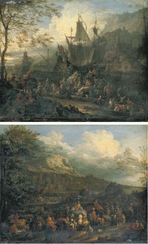 Jean Baptist van der Meiren - A capriccio of a Mediterranean port scene with a four-master, a town and mountains beyond; and A Mediterranean coastal landscape with merchants and herdsmen with a capriccio of a port and a mountain beyond