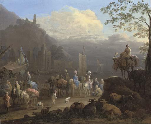 Jean Baptist van der Meiren - An elegant company of travellers by a harbour, with figures in the foreground, cattle and sheep beyond