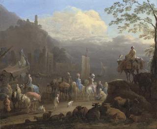 Jean Baptist van der Meiren - An elegant company of travellers by a harbour, with figures in the foreground, cattle and sheep beyond