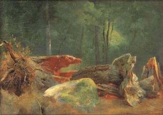 Jean-Baptiste-Adolphe Gibert - A wooded landscape with a blasted tree by a rock