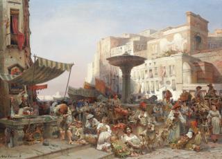 Jean-Baptiste-Arthur Calame - Vue D\'Une Place De Marché, Vico Del Porto, Naples\'