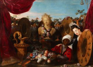 Jean-Baptiste Belin de Fontenay - A still life with a bust of Bacchus, a dish of fruit, large platters and two figures looking on
