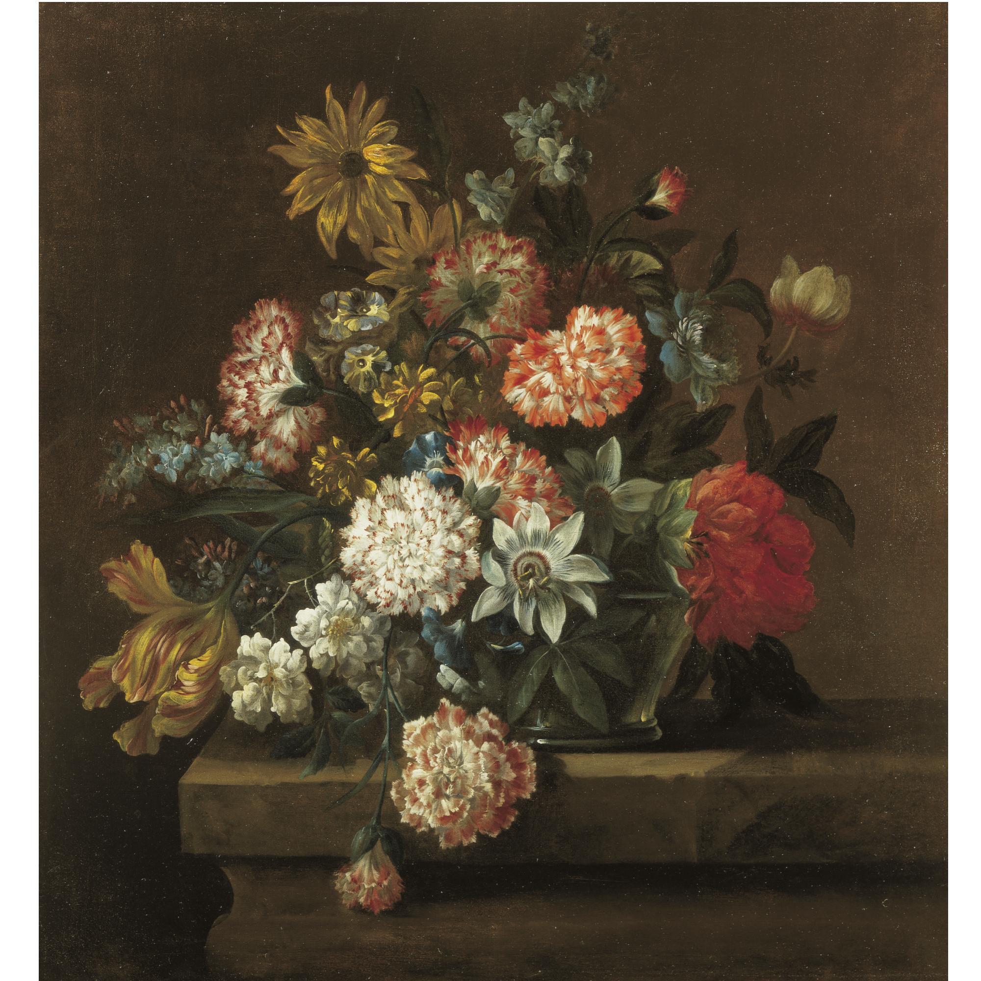 Jean-Baptiste Belin - Still Life With Chrysanthemums, Morning Glory, A Tulip And Other Flowers In A Glass Vase Resting On A Ledge