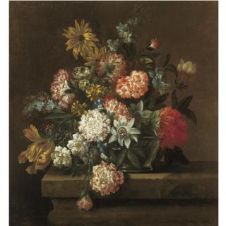 Jean-Baptiste Belin - Still Life With Chrysanthemums, Morning Glory, A Tulip And Other Flowers In A Glass Vase Resting On A Ledge