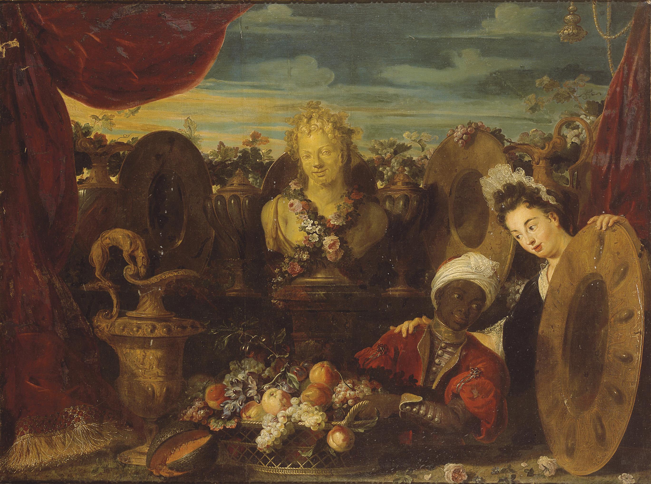 Jean-Baptiste Blin De Fontenay - Buste de Bacchus entouré d\'une guirlande de fleurs, avec une corbeille de fruits, de la vaisselle précieuse et deux personnages