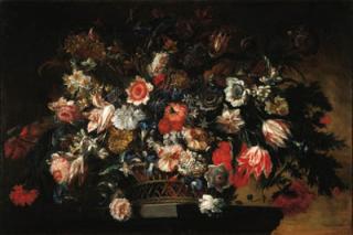 Jean-Baptiste Blin de Fontenay - Parrot tulips, carnations, daffodils and other flowers in a basket on a pedestal