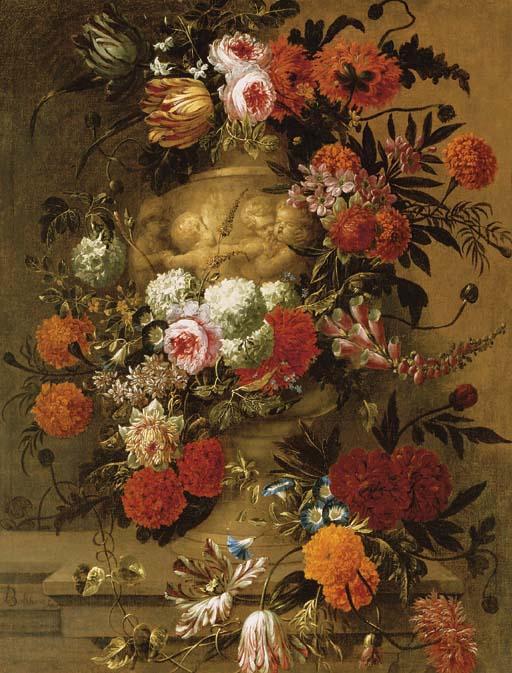 Jean-Baptiste Bosschaert - Flowers In A Terracotta Vase On A Stone Ledge