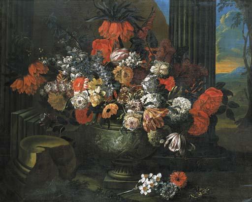 Jean-Baptiste Bosschaert - Tulips, roses, carnations and other flowers in a sculpted vase before a column, a landscape beyond