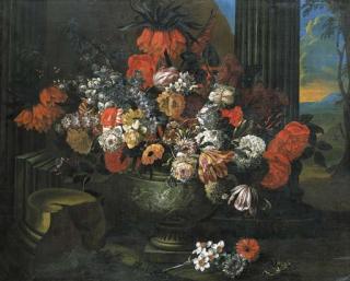 Jean-Baptiste Bosschaert - Tulips, roses, carnations and other flowers in a sculpted vase before a column, a landscape beyond