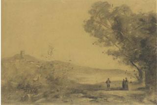 Jean-Baptiste-Camille Corot - A Landscape With A Hilltown In The Background, Three Figures To The Right