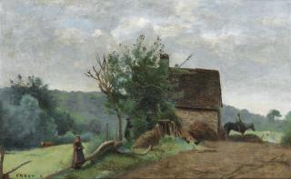 Jean-Baptiste-Camille Corot - Cour De Ferme Avec Un Cavalier Et Une Petite Fille Au Premier Plan