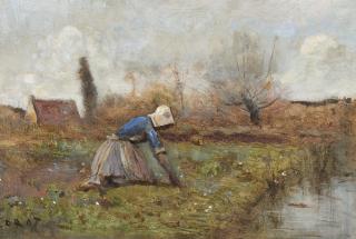 Jean Baptiste Camille Corot - Fermière agenouillée cueillant des pissenlits