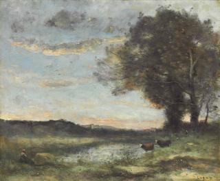 Jean-Baptiste-Camille Corot - Groupe d\'arbres au bord d\'un marais, avec deux vaches (Soleil levant)