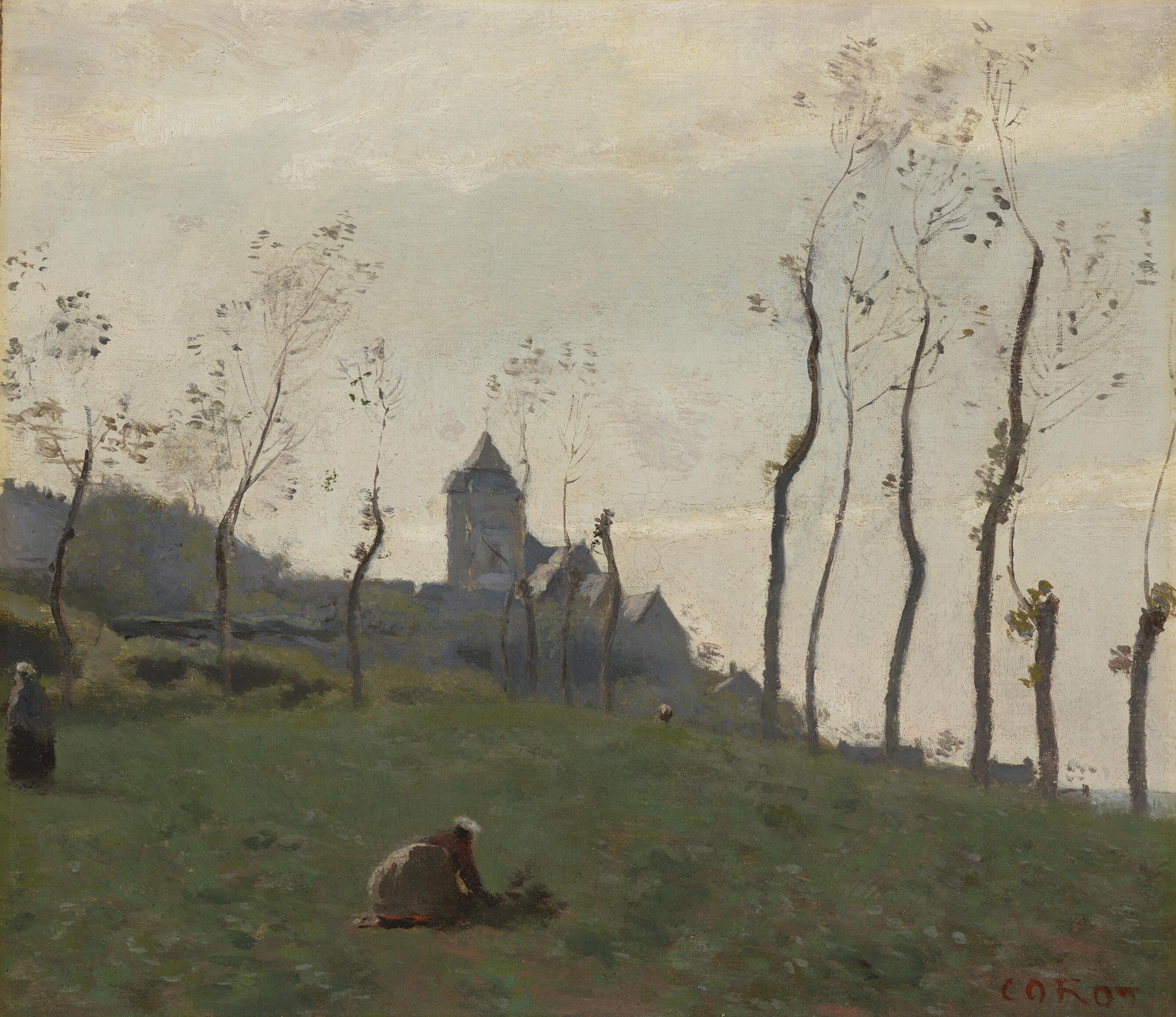 Jean-Baptiste-Camille Corot - Le Tréport - Un pré et l\'église