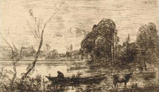 Jean-Baptiste-Camille Corot - L\'Étang Au Batelier (Effet du Soir), From Ville D\'Avray (Delteil 3)