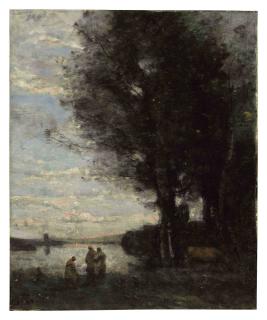 Jean Baptiste Camille Corot - Trois paysannes avec une vache au bord de l\'eau