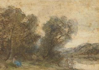 Jean-Baptiste-Camille Corot - Un Paysage Avec Des Arbres Et Une Rivière, Une Figure Assise À Gauche