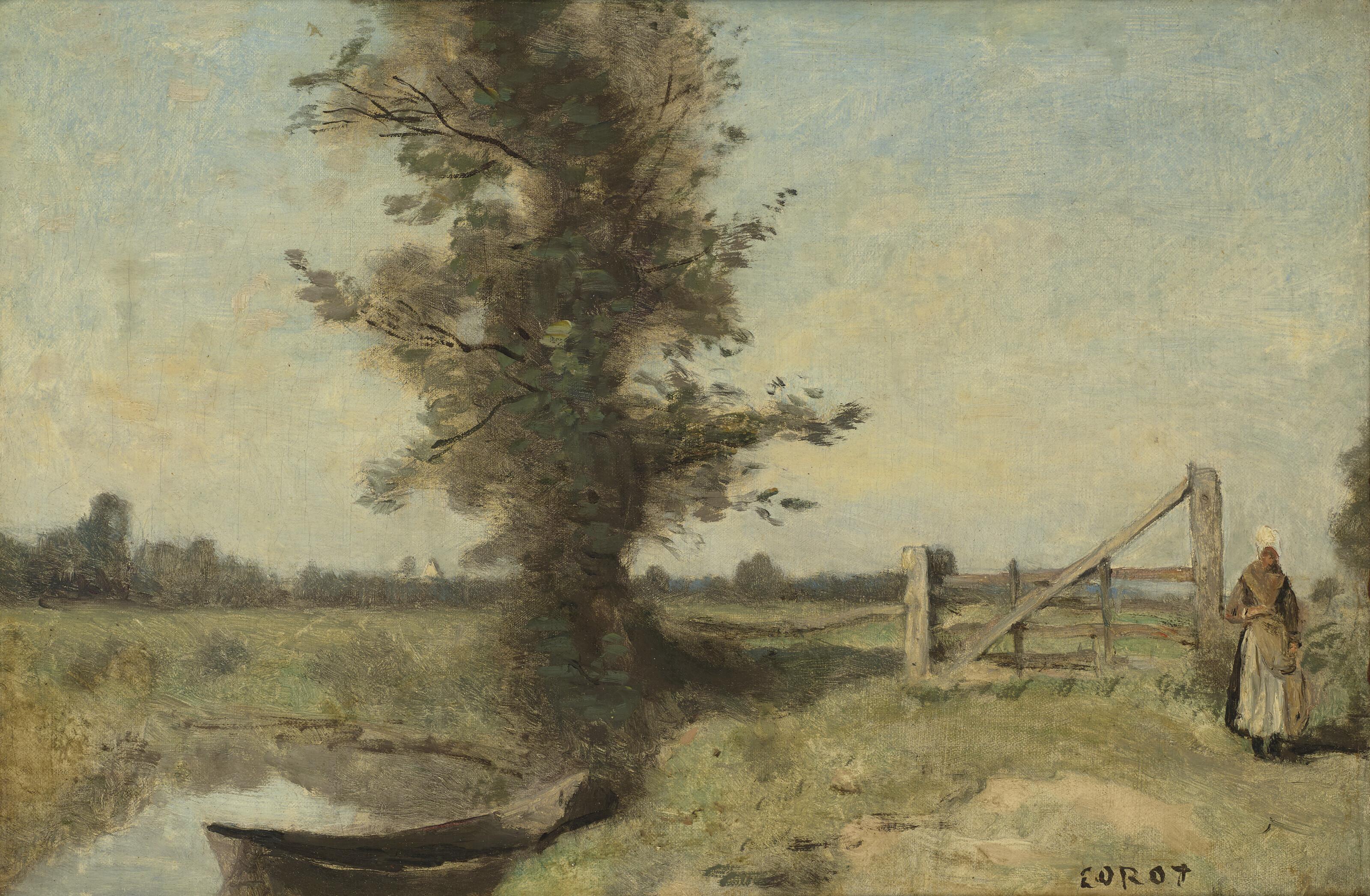 Jean-Baptiste-Camille Corot - Une Barrière dans les prés au bord d’un canal, environs d’Abbeville