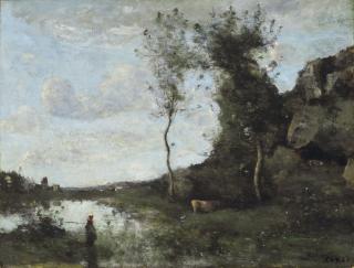Jean-Baptiste-Camille Corot - Une paysanne et sa vache à la mare en vue d\'un village