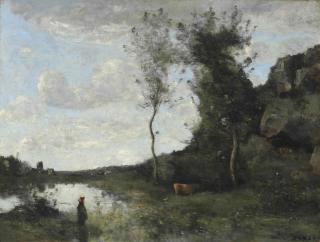 Jean-Baptiste-Camille Corot - Vachère et sa vache à la mare en vue d\'un village