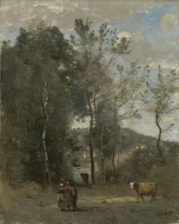 Jean-Baptiste-Camille Corot - Ville d\'Avray, lisière de bois avec trois campagnards et une vache